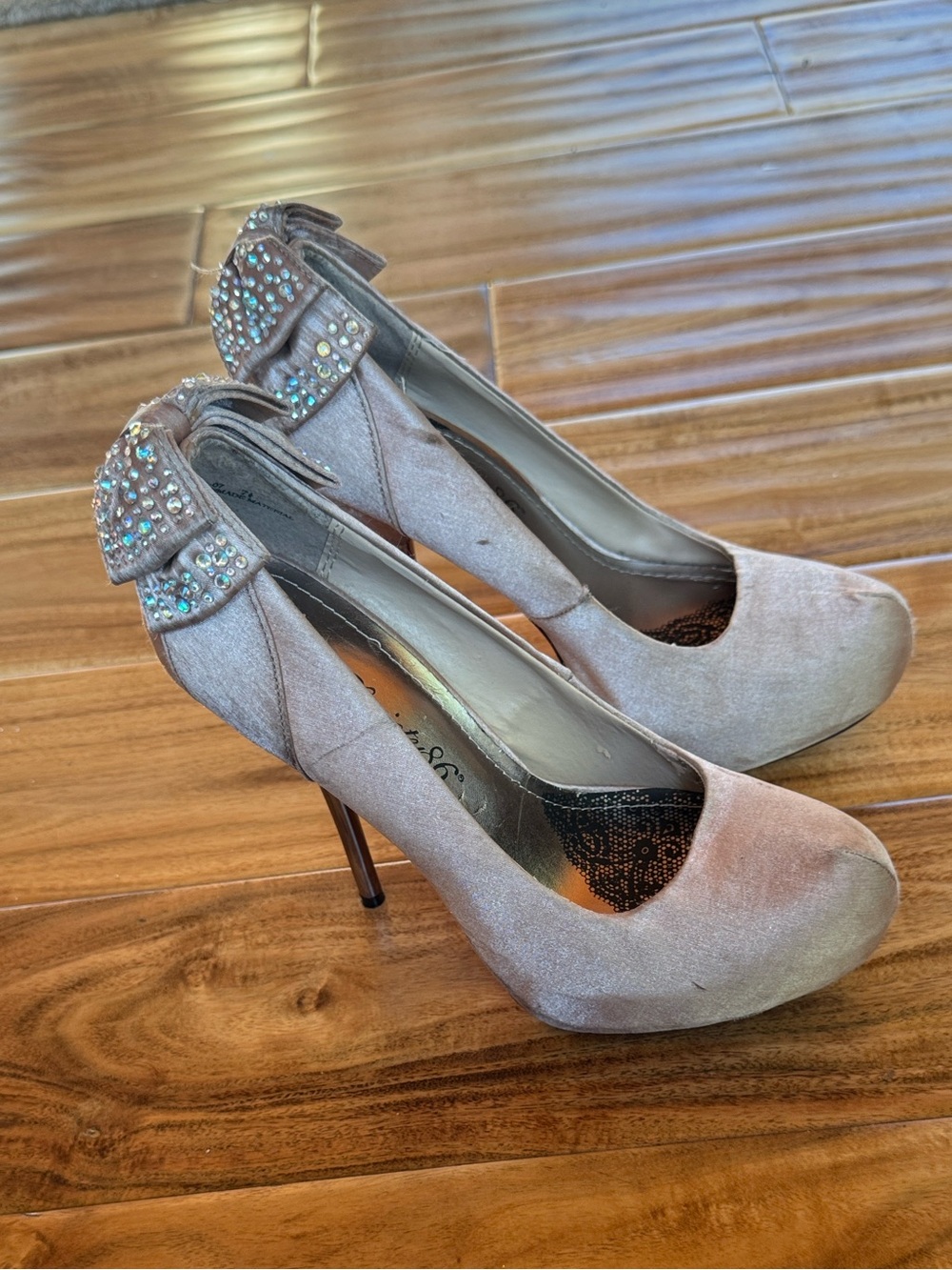 Society 86 Crystal Bow Taupe Suede High Heel Pumps